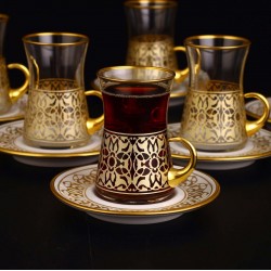 12 Pcs Turkish Tea Set With Holder Gold Color