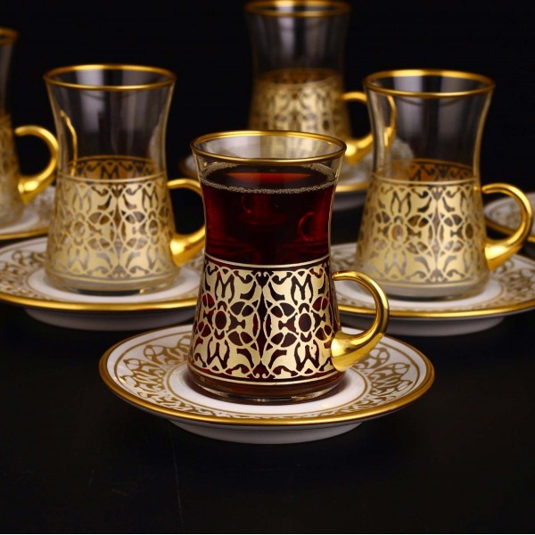 12 Pcs Turkish Tea Set With Holder Gold Color