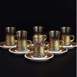 12 Pcs Vav Pattern Gold Color Turkish Tea Set With Holder
