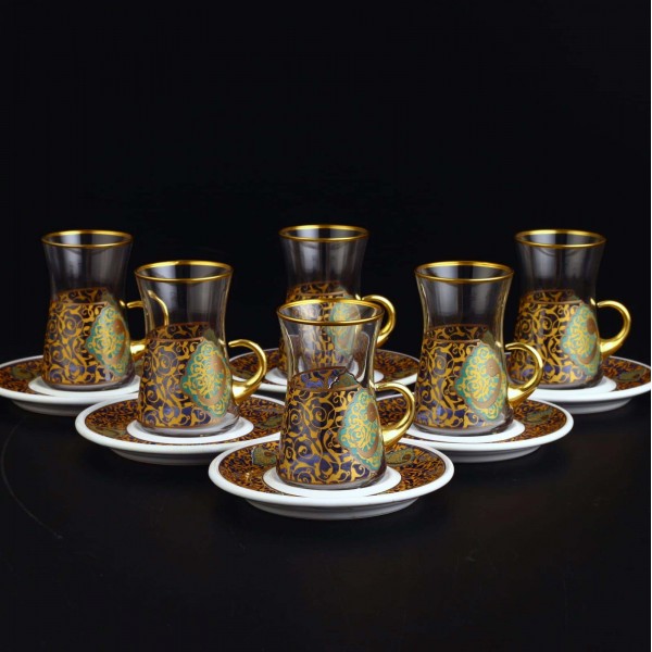 12 Pcs Vav Pattern Gold Color Turkish Tea Set With Holder