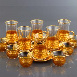 18 Pcs Luxury Gold Color Tea Set With Metal Plates And Coffee Cups