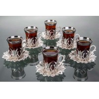 Collection Silver Color Turkish Tea Cups And Saucers Set Tulip Design