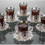 Collection Tulip Design Silver Color Turkish Tea Set With Tray