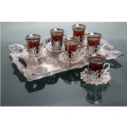 Collection Tulip Design Silver Color Turkish Tea Set With Tray