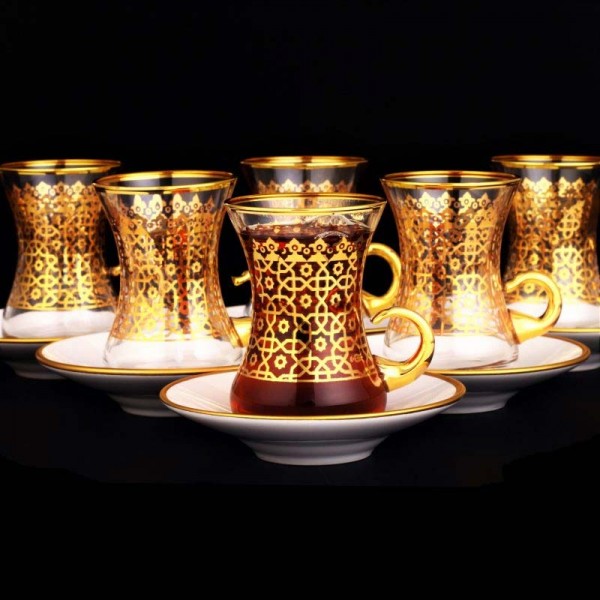 Agra Gold Color Turkish Tea Set With Holder
