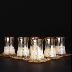 Amber Color Lace Design Thin Waist Turkish Tea Set With Saucers