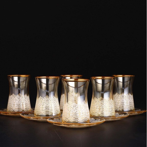 Amber Color Lace Design Thin Waist Turkish Tea Set With Saucers