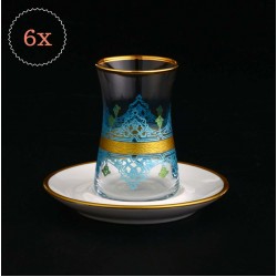 Ansar Blue Turkish Tea Set With Porcelain Saucers