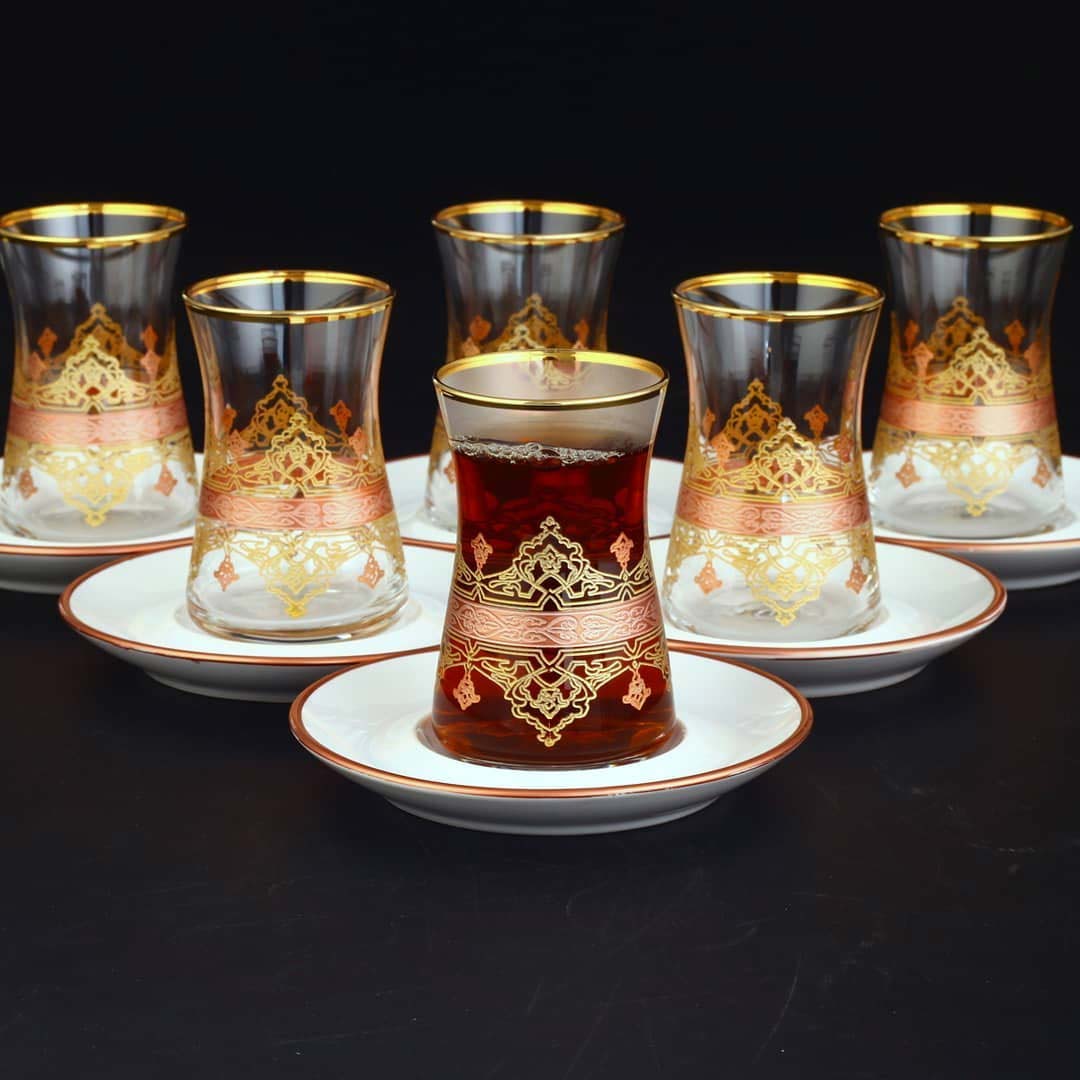 Ansar Turkish Tea Set With Porcelain Saucers KocGifts