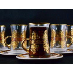 Arabic Style Gold - Red Color Turkish Tea Set With Holder