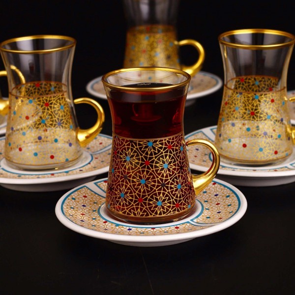 Colorfull Thin Waist Turkish Tea Set With Porcelain Saucers