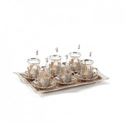 Crystal Coated Silver Turkish Tea Cups Set For Six Person