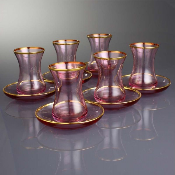 Elegant Pink Turkish Tea Set For Six Person