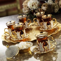 Gold Color Swarovski Coated Handmade Tea Set For Six With Tray