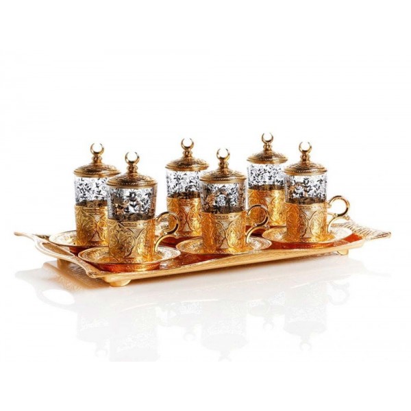 Gold Colour Plated Turkish Tea Set For Six People With Tray