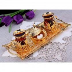Gold Colour Turkish Tea Glasses Set For Two People with Tray