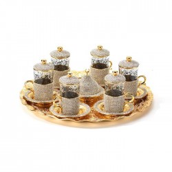Gold Plated Swarovski Coated Handmade Turkish Tea Set For Six With Tray