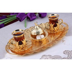 Gold Plated Turkish Tea Glasses Set For Two People with Tray