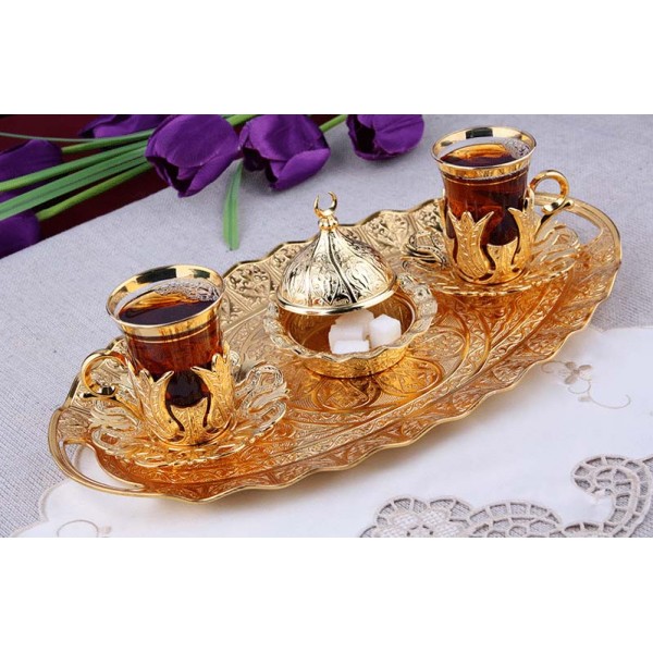 Gold Plated Turkish Tea Glasses Set For Two People with Tray
