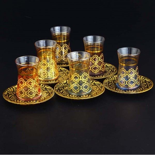 Hafsa Colorfull Turkish Tea Set With Black Saucers