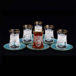 Ikra Lace Design Turkish Tea Set With Turquoise Saucers
