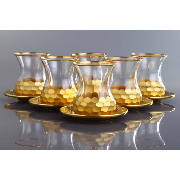 Luxury Gold Color Turkish Tea Set With Metal Saucers