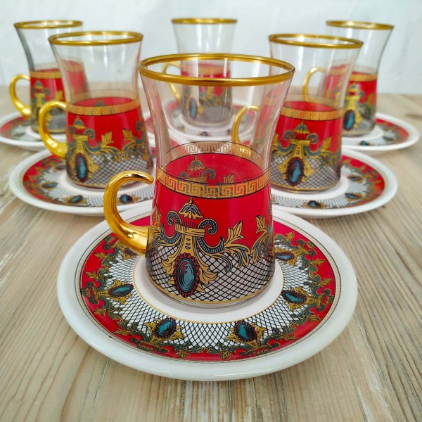 Mirage Red Color Arabic Tea Set With Holder