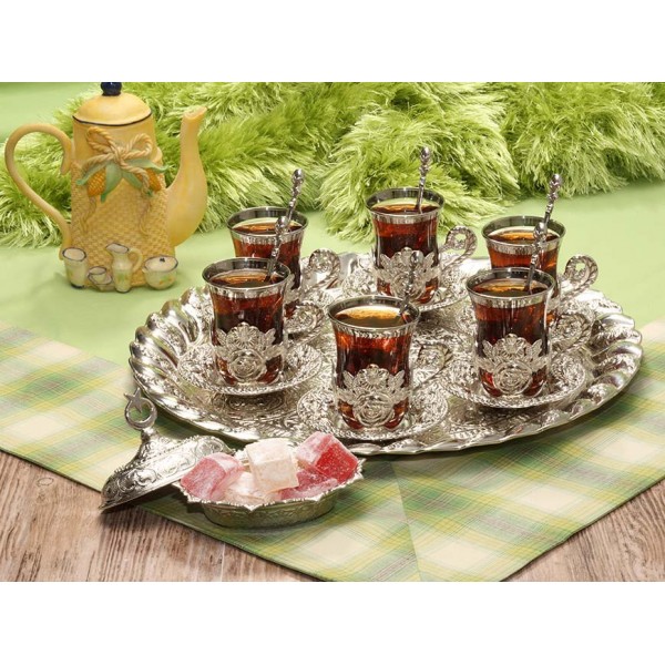 New Silver Turkish Tea Serving Set For Six People With Tray And Spoons