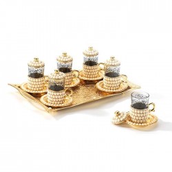 Pearl Coated Gold Turkish Tea Cups Set For Six Person