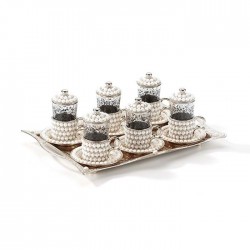 Pearl Coated Silver Turkish Tea Cups Set For Six Person