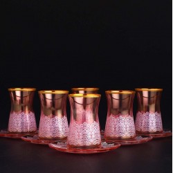 Pink Color Lace Design Thin Waist Turkish Tea Set With Saucers