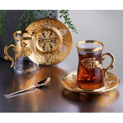 Safa Turkish Tea Cups And Saucers Set Gold Color Flower Design