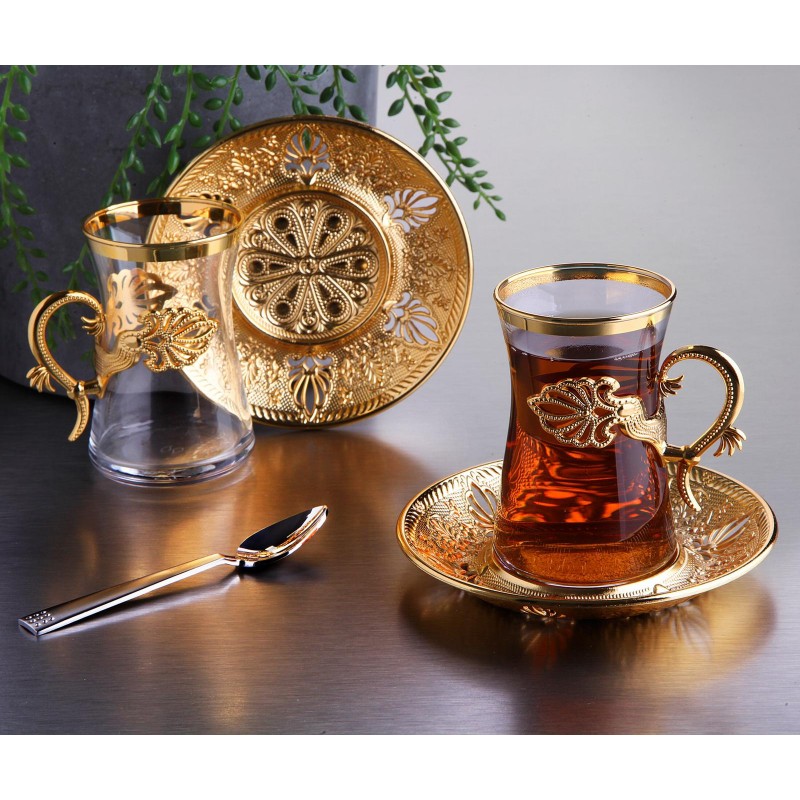 12 Pcs Gold with Floral Design Tea Cup/Saucer Set For 6 Persons 12 Pcs Gold with Floral Design Tea Cup/Saucer Set For 6 Persons