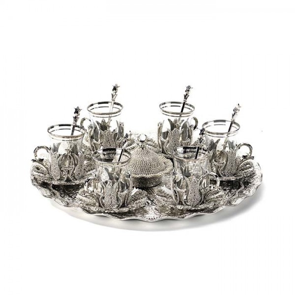 Silver Color Crystal Coated Thin Waist Tea Set For Six With Tray