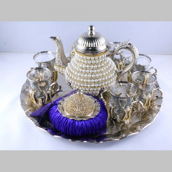 Silver Color Pearl Coated Gold Turkish Tea Cups Set With Tea Pot