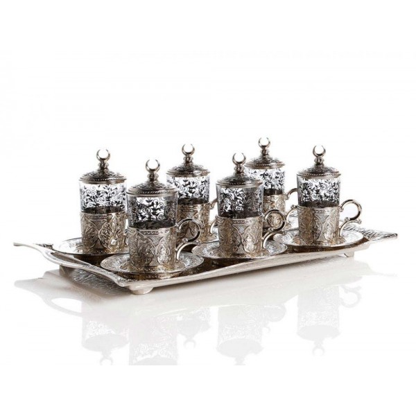 Silver Plated Turkish Tea Set For Six People With Tray