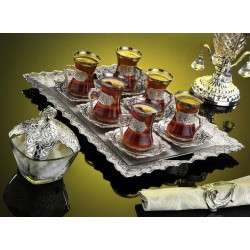Silver Plated Turkish Tea Set For Six With Sugar Bowl