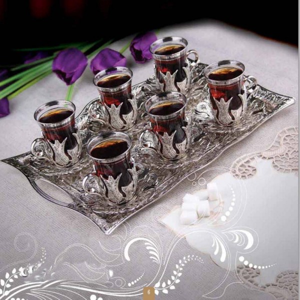 Silver Turkish Tea Glasses Set For Six Person