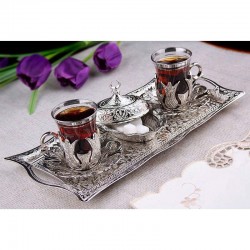 Silver Turkish Tea Glasses Set For Two People with Tray