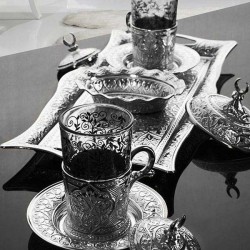 Silver Turkish Tea Set For Two People with Tray