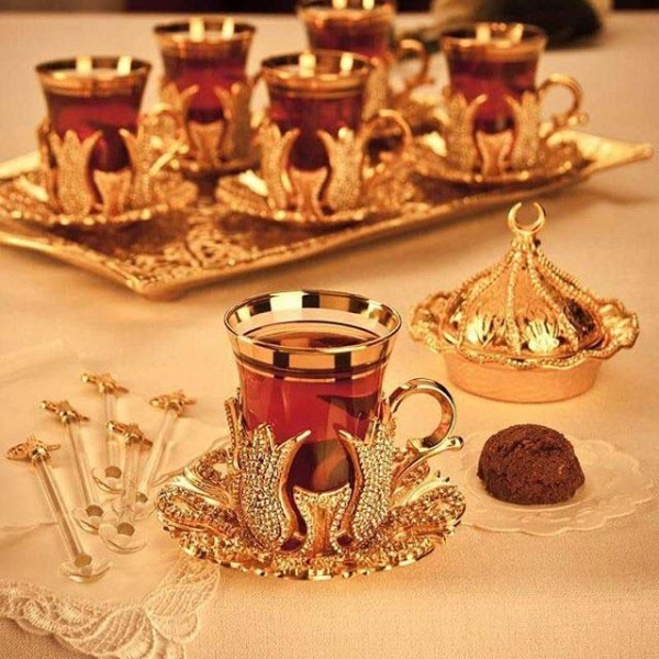 Swaroski Coated Golden Turkish Tea Cups Set For Six Person