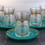 Thin Waist Turkish Tea Set With Turquois Color Saucers 12pcs