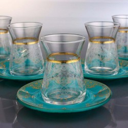 Thin Waist Turkish Tea Set With Turquois Color Saucers 12pcs