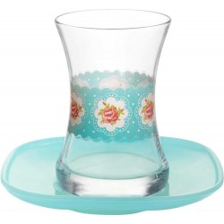 Turkish Tea Cups Roses Blue Design With Saucers