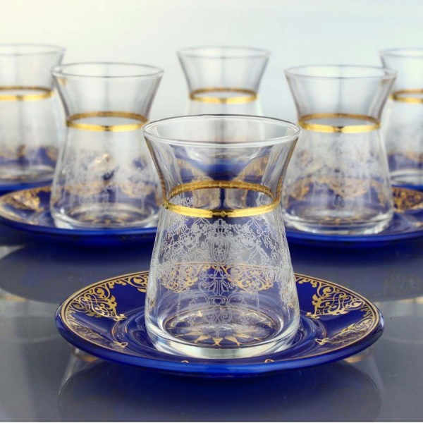 Turkish Tea Set With Blue Color Saucers 12pcs
