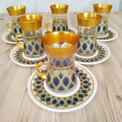 Turquoise Gold Color Decorated Turkish Tea Set